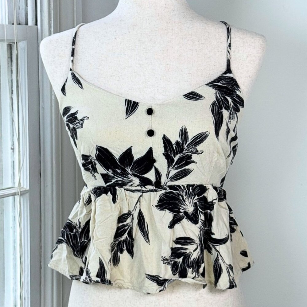 Cream White Peplum Camisole Top Linen Blend Small Black Floral Going Out Beachy
